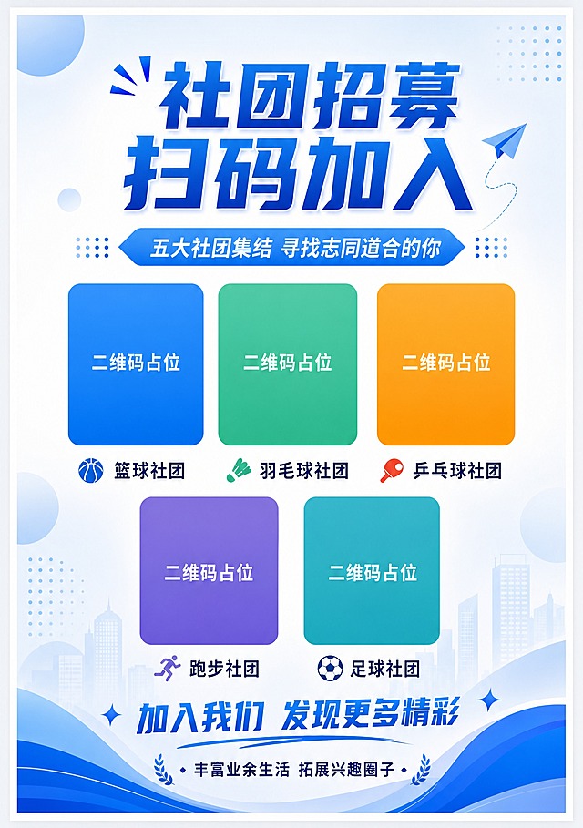 基于参考图的全部内容和风格，重新生成一张A4竖版比例的社团招募海报。保持所有文案内容不变：顶部标题"社团招募 扫码加入"、副标题"五大社团集结 寻找志同道合的你"、5个社团名称（篮球社团、羽毛球社团、乒乓球社团、跑步社团、足球社团）及对应图标、底部"加入我们 发现更多精彩"和"丰富业余生活 拓展兴趣圈子"全部保留。5个二维码占位方块（蓝、绿、橙、紫、青五色）及其布局结构保持不变。整体蓝白渐变企业风、城市建筑剪影背景、装饰元素等视觉风格与参考图一致。适配A4竖版比例，版式精美，四周留有安全边距，信息层级分明，文字清晰可读。