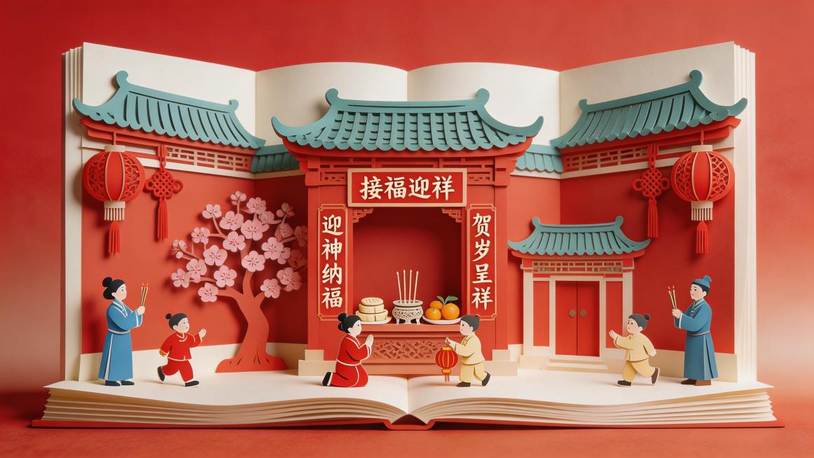 新中式剪纸艺术风格，3D立体书展开效果，核心场景为传统闽南古厝年俗祭祖祈福，整体呈对称构图。画面主体是一本摊开的米白色立体书，内页雕刻出红墙青瓦的中式古厝建筑，屋檐飞翘，挂着大红灯笼与中国结。左侧是开预览效果