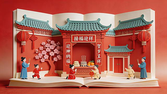 新中式剪纸艺术风格，3D立体书展开效果，核心场景为传统闽南古厝年俗祭祖祈福，整体呈对称构图。画面主体是一本摊开的米白色立体书，内页雕刻出红墙青瓦的中式古厝建筑，屋檐飞翘，挂着大红灯笼与中国结。左侧是开满粉色梅花的剪纸树，右侧是中式门楼；中间神龛摆着香炉、供品，写有“接福迎祥”“迎神纳福”红色春联。立体书内有多个身着红、蓝、米黄色传统服饰的剪纸小人，姿态各异，有的跪拜祈福，有的手持香烛，有的孩童嬉戏。背景为纯正中国红渐变，带有细腻纹理，整体光影柔和，边缘锐利，剪纸层次感极强，充满浓郁新年喜庆氛围，中式美学拉满，8K高清，细节丰富。