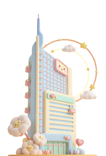 将图片中的建筑优化为萌萌哒可爱的C4D风格，Q版造型，柔和色彩，保持原建筑的轮廓特征，添加萌系的细节装饰，整体温馨可爱预览效果