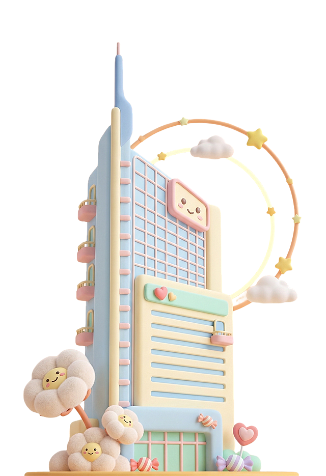 将图片中的建筑优化为萌萌哒可爱的C4D风格，Q版造型，柔和色彩，保持原建筑的轮廓特征，添加萌系的细节装饰，整体温馨可爱