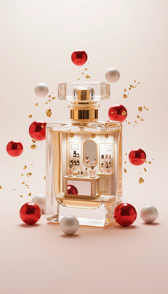 以参考图产品为核心容器，内部呈现微型香水专柜场景，视觉嵌套式构图，周围悬浮点缀红色与白色球体、金色碎片装饰，背景为浅色调。