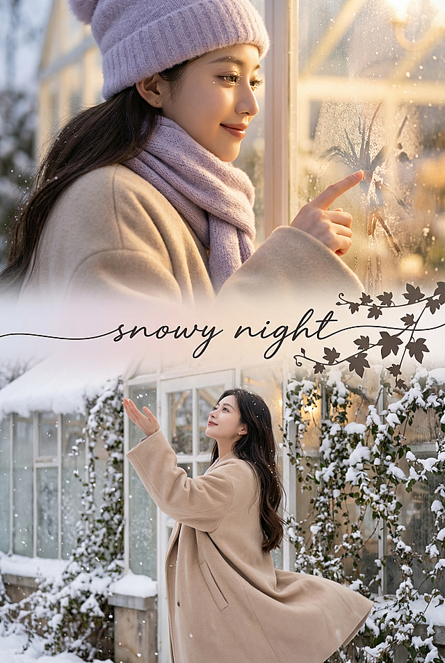上宫格：大特写镜头，女生侧脸特写，穿米杏色茧型大衣，浅紫针织围巾绕颈，浅紫毛绒帽压着耳尖，帽子上有个小绒球。温室暖光从玻璃漫来，睫毛沾着细雪，嘴角带点温柔的笑意，指尖轻触温室玻璃上的霜花。
下宫格：中景镜头，女生站在植物园温室旁的雪地上，抬手接住飘落的雪花，茧型大衣轮廓柔和，下摆被微风拂起，身后是爬满藤蔓的温室墙壁，藤蔓上积着雪。
衔接元素：中间有手写 “snowy night” 文字横向贯穿画面，字体旁点缀藤蔓剪影。