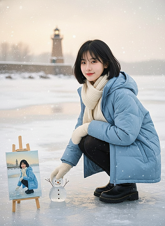 写真摄影风格。仰视角远景全身照，暖光光线。主视觉是女生穿冬装，蹲结冰江边触冰面，笑露梨涡，短发被江风吹起。冰面旁摆迷你冰雕雪人，背景是亮暖灯的江边灯塔，江面泛雪光飘雪。左下方放置木质画架（架丙烯画，绘人物与江景），同框打卡，青春氛围感。