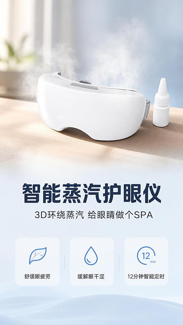 [商品] 使用【图2】白色智能蒸汽护眼仪主机；保留产品整体轮廓、白色光滑外壳、按键位置、眼罩形态、水剂瓶配件；产品修复：去除表面轻微污渍与指纹，还原干净亮白的塑料质感，不改变产品结构和颜色。
[画面] 目标：头图海报，突出3D环绕蒸汽护眼的核心利益。构图：上下分栏，上半部分产品主体居中偏上，占画面55%，产品前方有细腻的白色蒸汽雾化效果从眼罩处向四周轻柔扩散；下半部分留白放文案。景别：产品中景，正面微侧45°角。阅读动线：从上到下，先看产品蒸汽效果，再读标题卖点。前中后景：前景桌面柔光、中景护眼仪+蒸汽、后景浅渐变虚化背景。场景：温润的家居桌面，浅木色桌面一角，柔和自然光。
[视觉] 套系策略：风格=国内电商科技温润风商业摄影；标题字=现代无衬线粗黑体；正文字=简洁无衬线黑体；主色=雾蓝白；背景延展=基于雾蓝白做深浅层级渐变、柔光雾化质感，上浅下深；强调色=浅雾蓝，仅用于小面积图标、引线和蒸汽光效；标题色=深灰蓝；正文色=中灰；组件=圆角浅底信息卡、细线图标；光影=左前侧柔和漫射光，产品底部有自然接触阴影。
[文字] 画面下半部居中放主标题「智能蒸汽护眼仪」，副标题「3D环绕蒸汽 给眼睛做个SPA」，下方3个短卖点横排：「舒缓眼疲劳」「缓解眼干涩」「12分钟智能定时」；文字区不遮挡产品主体，所有文字横向排版，字号保证手机端清晰可读。
[规格] 图片比例9:16竖版，4K分辨率，负向提示：避免变形、错字、文字过小、冷蓝刺眼背景、产品颜色变黄、蒸汽效果夸张不真实、医疗化表述。