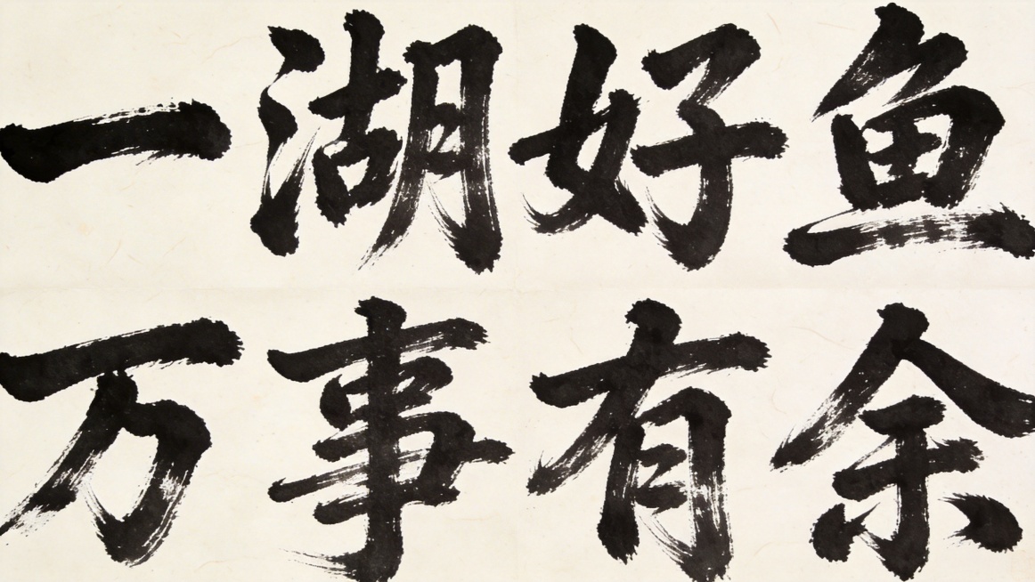 米白色宣纸背景，带有纸张纹理。平面行草书法字体设计，八个字“一湖好鱼万事有余”，枯笔飞白行草风格，黑色笔墨，笔画干湿变化自然，飞白苍劲有力，传统行草结构，两行排列，每行四个字，文字完整，原创设计。比例预览效果