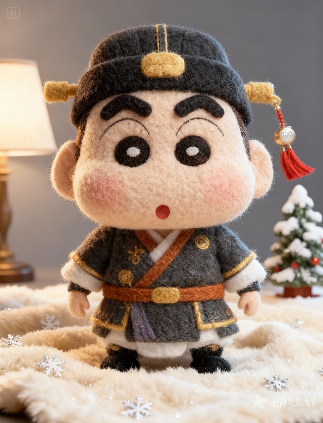 软3D毛绒质感卡通形象，融合传统服饰与圣诞元素，萌趣可爱，温馨节日氛围浓厚。