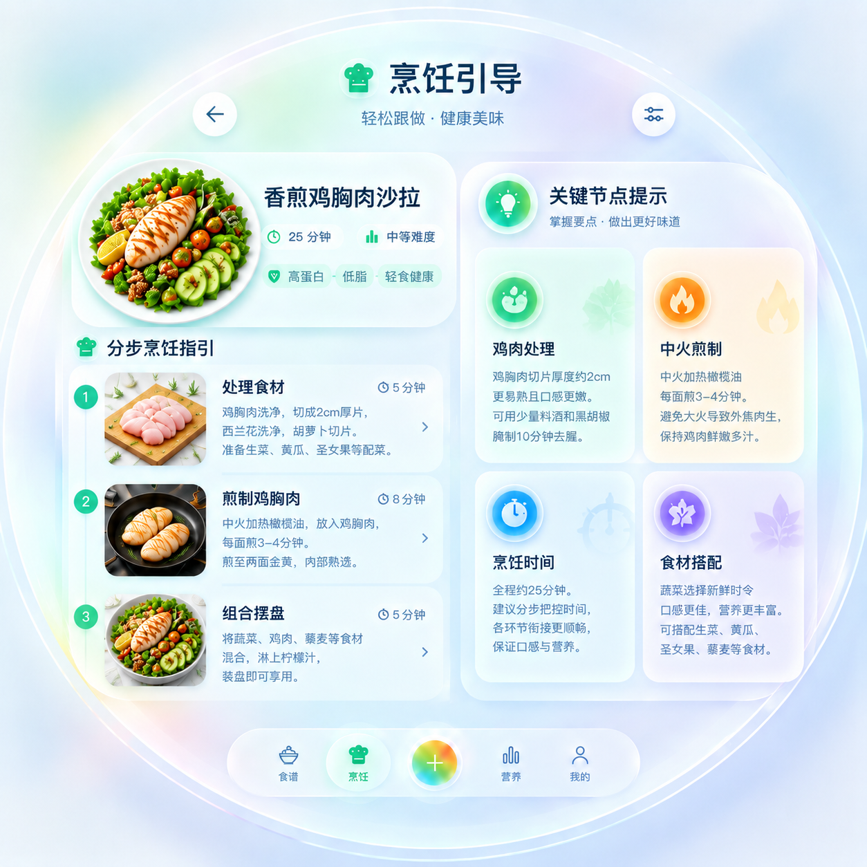 膳食类软件烹饪引导页面，圆形界面设计，1080x1080尺寸，… - 图片创意预览