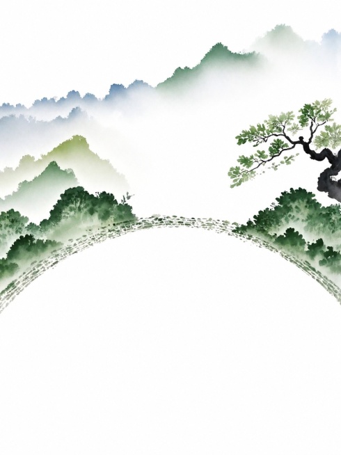 参考原图的国风山水水墨风格，去掉画面中的人物和所有文字，把底色改成纯白色，保留原有的水墨远山、树木和石桥弧形的构图设计预览效果