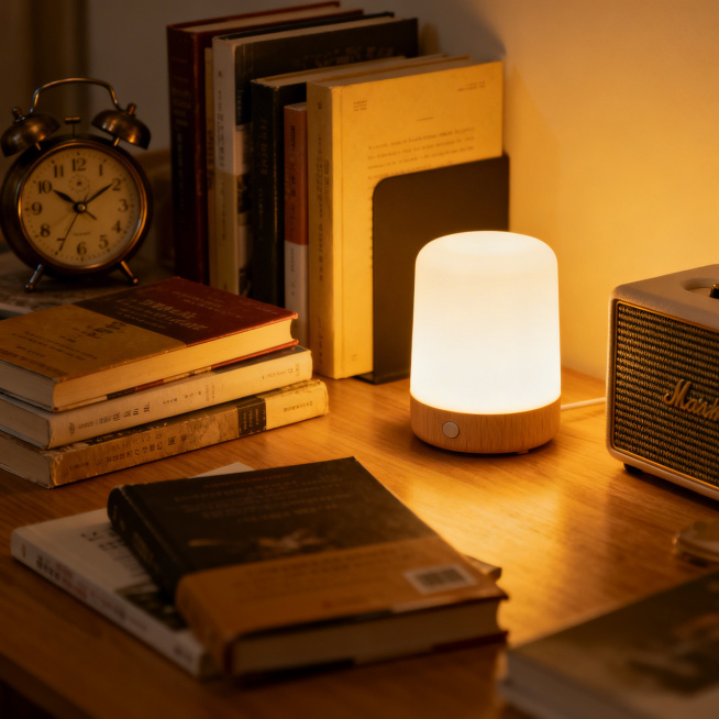 杂乱的书桌，桌面上随意摆放着几本装帧不同的书籍，暖光小夜灯散发着柔和的光线，复古造型的闹钟放在一角，旁边还有造型简约的桌面音响，整体是温馨的居家氛围感，光线柔和，细节写实预览效果