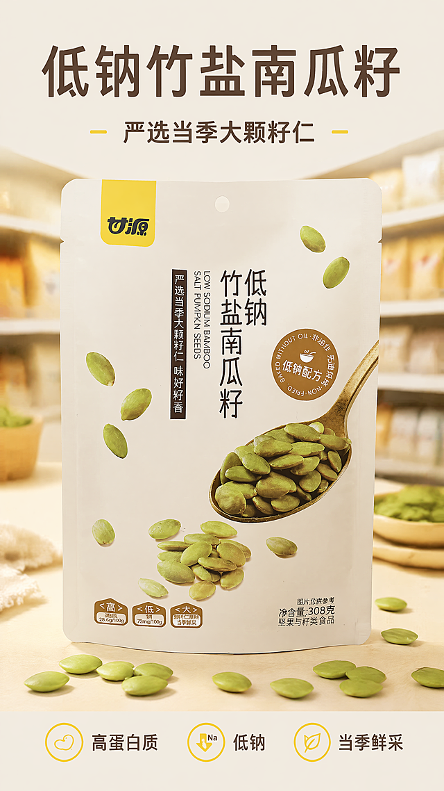 [第1屏] 详情页头图-甘源袋装低钠竹盐南瓜籽308g主视觉宣传。本屏使用【图1】作为商品主体。
[氛围/风格] 健康休闲零食风，简约自然，浅米色场景背景，商业摄影质感，突出真实产品和健康属性。
[元素布局] 商品包装袋居中偏下放置，占画面主体约65%-70%，前景散落几颗饱满的绿色南瓜籽仁，背景虚化模糊超市休闲零食货架场景，保持包装袋的结构、颜色、所有文字信息与输入产品图一致。
[光影质感] 正面柔光照明，商品边缘自然阴影，整体明亮干净，突出南瓜籽仁翠绿饱满的质感。
[配色色系] 全局底色 #F5F1E9，主体米白包装搭配南瓜籽翠绿色，点缀品牌明黄色和深棕色文字，辅助色为浅木色桌面。
[视角构图] 正面平视，商品为绝对视觉中心，阅读动线从上到下，顶部标题区，中部商品，底部卖点信息。
[文字版式] 版式为顶部大标题 + 中部商品 + 底部卖点标签条。字形采用圆角黑体标题 + 同家族无衬线正文，全套沿用此风格，字色仅深棕/明黄2种，纯色填充字效。主标题「低钠竹盐南瓜籽」，副标题「严选当季大颗籽仁」，底部三个卖点标签「高蛋白质 低钠 当季鲜采」，文字不遮挡主体商品，清晰可读。
[比例分辨率] 9:16，4K，文字清晰可辨。
[负向提示词] 包装袋变形，缺件错件，颜色偏差，包装文字错乱，水印，文字过小，背景杂乱
