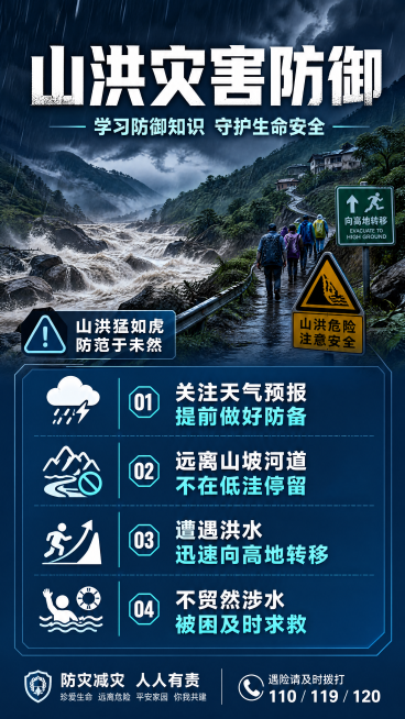竖版山洪灾害防御知识宣传公益海报，主标题文字"山洪灾害防御"，副标题文字"学习防御知识 守护生命安全"，核心知识要点："关注天气预报 提前做好防备" "远离山坡河道 不在低洼停留" "遭遇洪水迅速向高预览效果