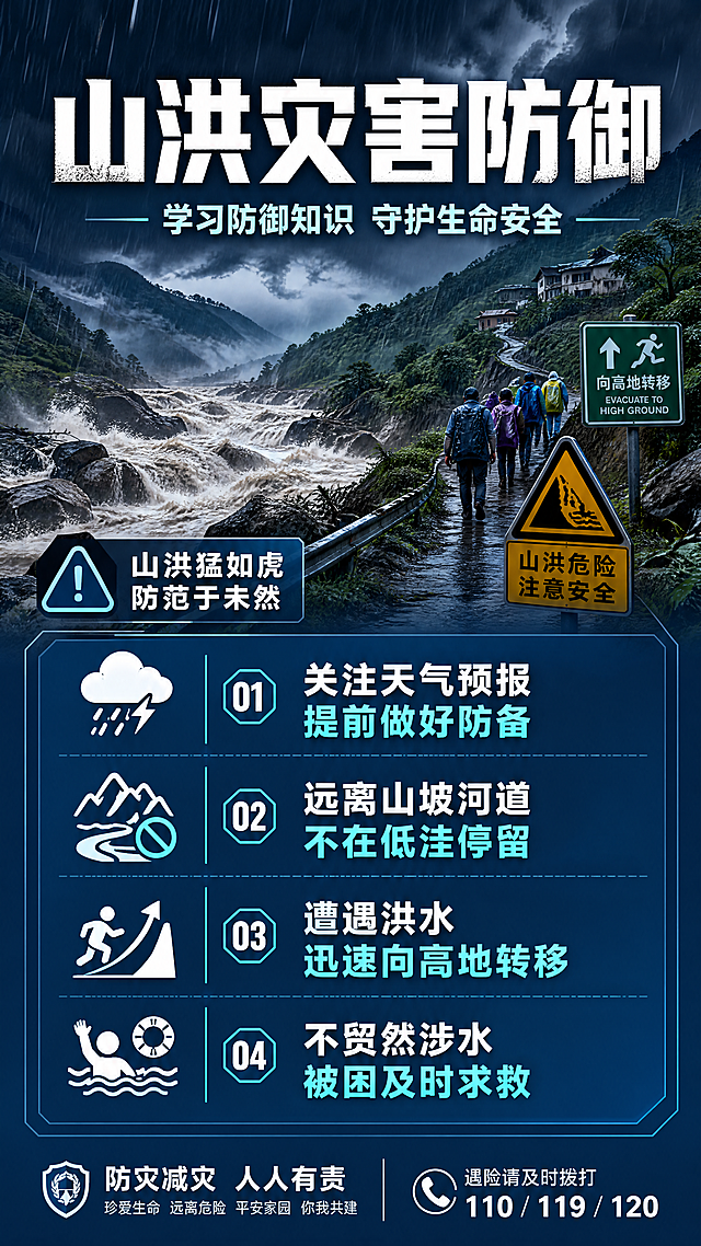 竖版山洪灾害防御知识宣传公益海报，主标题文字"山洪灾害防御"，副标题文字"学习防御知识 守护生命安全"，核心知识要点："关注天气预报 提前做好防备" "远离山坡河道 不在低洼停留" "遭遇洪水迅速向高地转移" "不贸然涉水 被困及时求救"，写实风格，采用深蓝警示配色，背景设计山洪自然灾害场景，整体庄重醒目，层次清晰，文字清晰可识别，版式精美，竖版构图适合手机传播