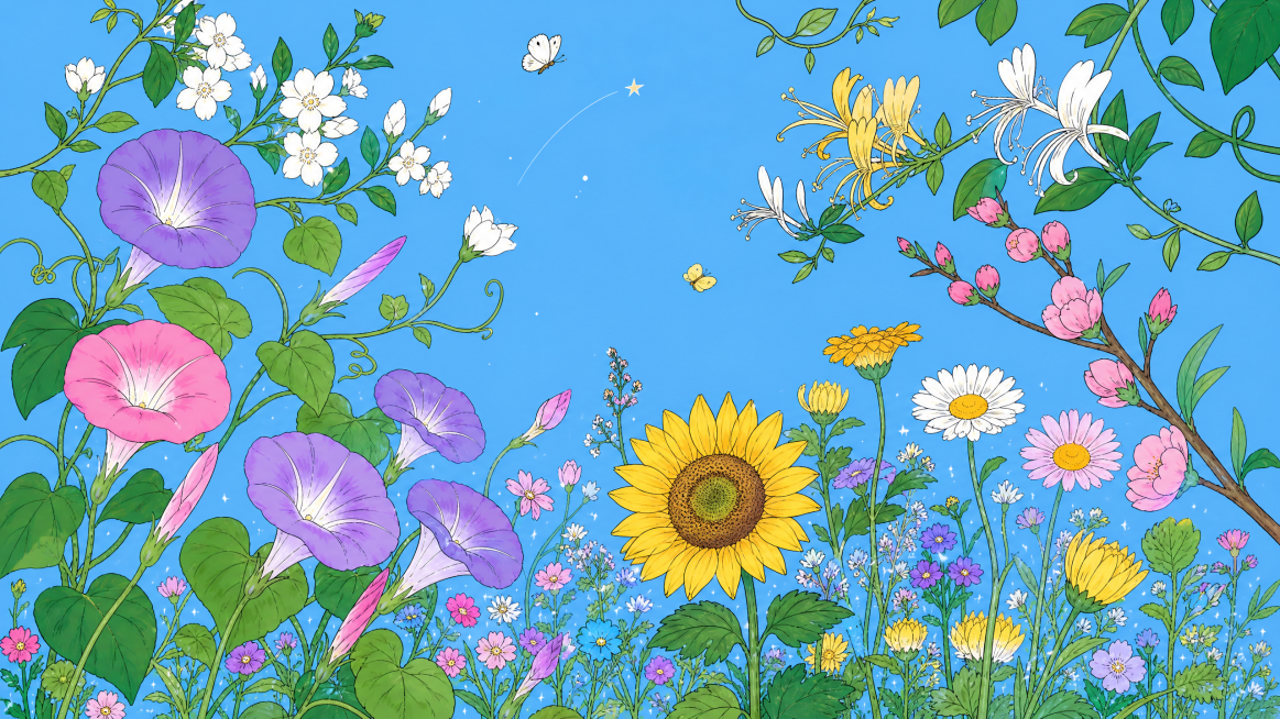 将画面中最大的菊花修改为向日葵，保持原插画风格不变，其余花卉和背景保留，色彩风格和原图保持一致预览效果