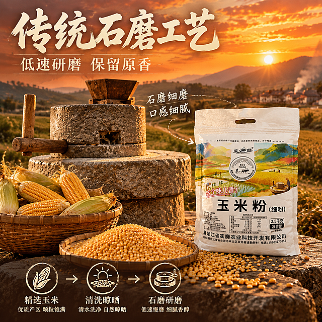 [主图-3] 玉米粉工艺细节图 传统石磨工艺。
[氛围风格] 古法工艺感 温暖厚重 乡村质朴。
[画质] 商业摄影质感 细节丰富 产品清晰真实。
[元素] 实磨玉米粉白色包装袋放置在老旧石磨旁的石台上 正面展示 袋身信息清晰 石磨为传统青石材质 带木质推杆 石磨周围散落金黄玉米粒 左侧竹篮里放着带皮玉米棒 前方竹簸箕里盛满金黄玉米粒 部分玉米粒洒落在石台上 背景是夕阳下的乡村田野 远处有村庄炊烟袅袅 山间小路蜿蜒 天空是橙红色晚霞 保持产品外观与输入产品图一致 杜绝变形和色差 商品主体占比约55% 画面满屏无边框。
[光影] 夕阳逆光 暖橙红色调 石磨纹理有明暗对比 玉米粒有晶莹光泽 包装袋正面受侧光 边缘有逆光轮廓光 整体氛围温暖怀旧。
[配色] 主色夕阳橙 辅色青石灰 米白 强调色金黄。
[视角构图] 平视微侧角度 产品位于画面右侧 左侧石磨作为工艺展示 前景玉米粒引导视线 中景产品与石磨 背景晚霞村庄 景深中等。
[文字版式] 左上负空间左对齐 主标题传统石磨工艺 粗笔刷书法字 米白色 最大号粗体 下方辅助文案低速研磨 保留原香 细宋体 约半高 中间用虚线引线从石磨指向包装袋 引线旁标注 石磨细磨 口感细腻 底部横向排列三个工艺步骤小图标 图标一 精选玉米 图标二 清洗晾晒 图标三 石磨研磨 每个图标下配小字。
[输出要求] 1:1比例 文字清晰锐利 超高清商业摄影质感。
[负向提示词] 变形 文字错乱 产品模糊 背景杂乱 水印 电商平台Logo。