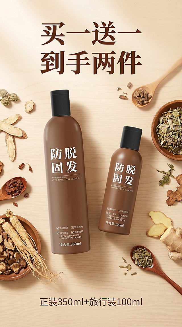 [主图 5] 防脱固发洗发水全家福促销展示，新中式草本原木暖调自然风电商产品摄影风格
[氛围风格] 超值划算，促销氛围，柔和暖调光影
[画面元素] 商业摄影质感、光线柔和通透、产品清晰真实、画面干净高级。原木背景上Knolling平铺展示正装洗发水+配套旅行装小样，产品外观与正装原图一致，整体排版整齐，全屏无边框，突出到手多件的超值感
[配色色系] 主色调：原木暖棕色；辅助色：米白色，草本绿色
[视角构图] 俯视平铺，整体展示，景深适中
[文字版式] 顶部居中主标题 "买一送一 到手两件" 深棕色大号加粗字体，底部标注产品规格 "正装350ml+旅行装100ml"，小号字体，文字不遮挡产品主体，清晰易读
[比例分辨率] 9:16 比例，2k 分辨率，文字清晰可辨，超高清
[负向提示词] 变形，水印，文字错乱，产品图模糊，背景杂乱，配色刺眼，遮挡主体
