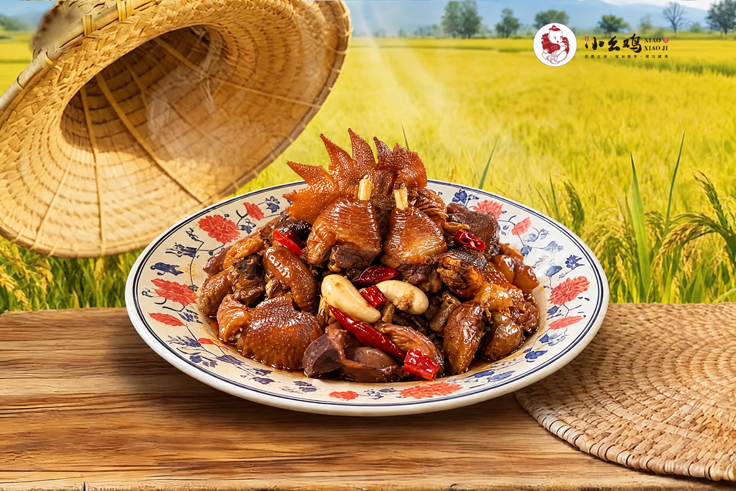 将图中盘子里的菜品替换为第二张图中的红烧鸡块（带鸡冠、鸡肾、红… - 图片创意预览