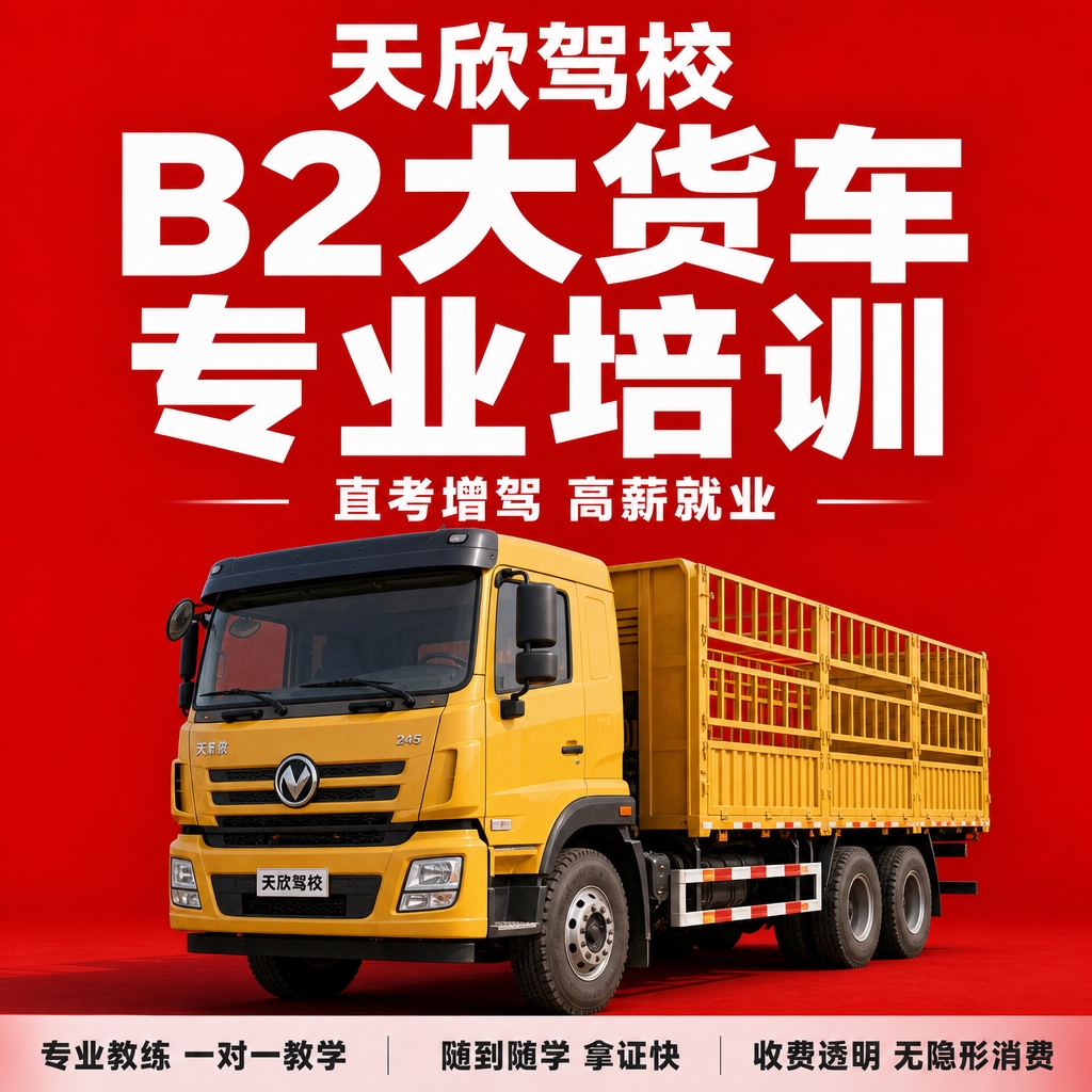 基于参考图的驾校红底白字风格，生成天欣驾校B2大型货车驾照培训… - 图片创意预览