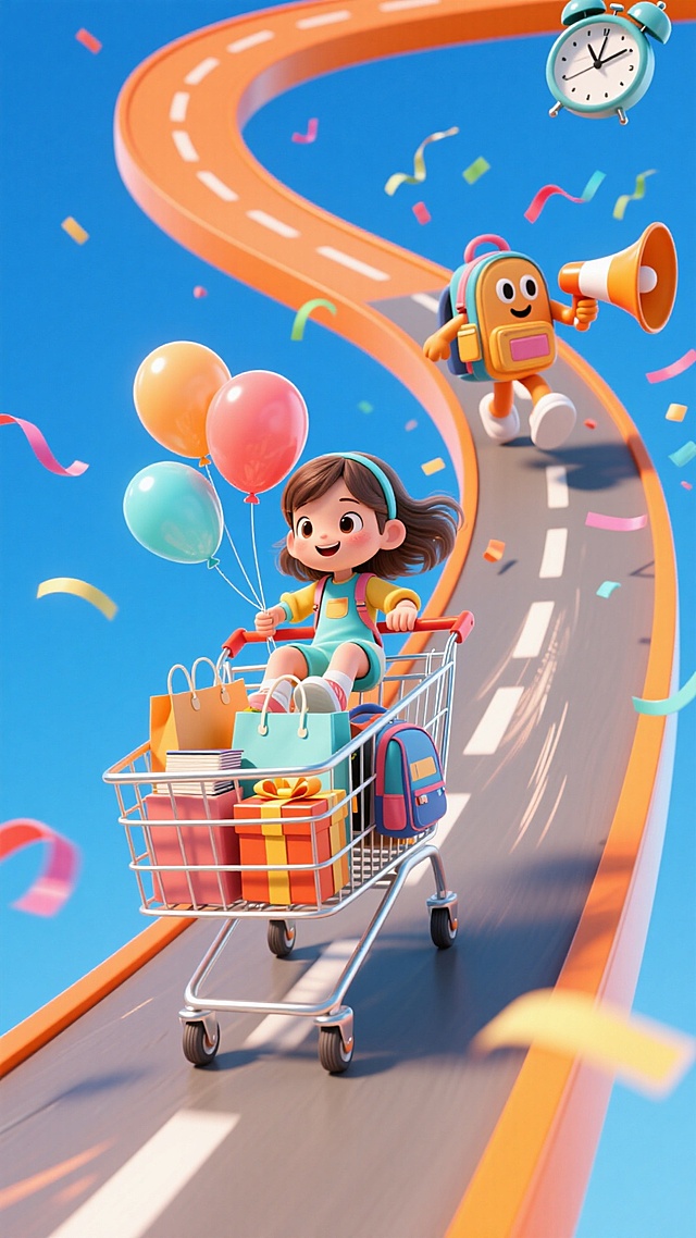 一条悬浮在空中的橙色曲线道路，上面有一个可爱的小女孩坐在一辆购物车顺着道路冲，后面有个拟人书包在后面拿着喇叭，强动态感，手上拿着喇叭，车上系着气球，购物车里有购物袋、礼盒以及书包等儿童用具，周围点缀彩带、小闹钟等元素，蓝天背景