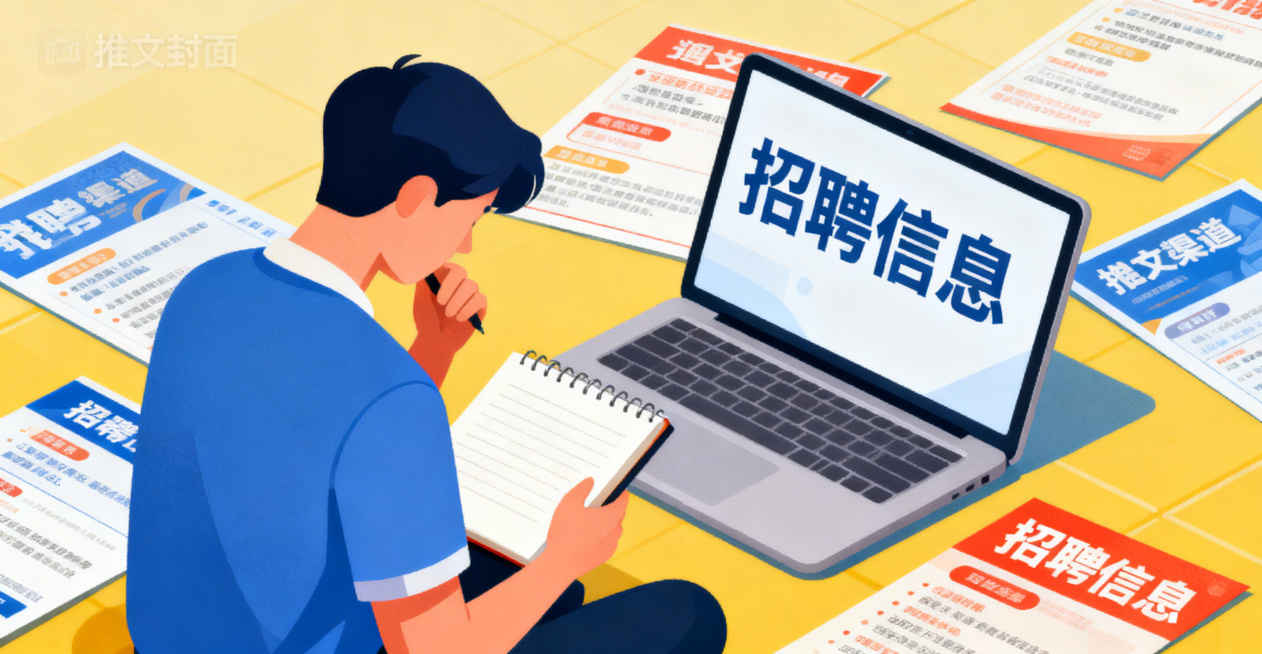 扁平化插画风格，年轻人求职场景，笔记本电脑屏幕显示招聘信息，年轻人拿着笔记本在思考，周围散落着不同渠道的招聘信息海报，整体色调明亮活泼，适合推文封面预览效果