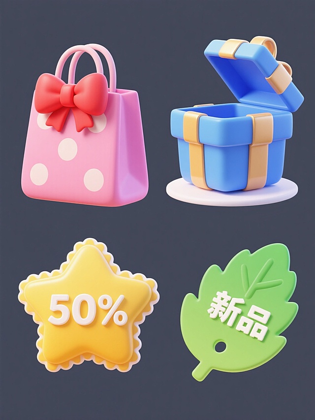 一组4个不同电商元素的3D卡通图标集合，每个图标均采用圆润可爱的造型风格，柔和的渐变色彩，高光与阴影形成明显的体积感，纯色背景。元素包括：1. 粉色购物袋，袋口系着红色蝴蝶结，袋身有白色圆点图案；2. 蓝色礼盒，盒盖微微打开，露出金色丝带，礼盒下方有白色阴影；3. 黄色星星形状的优惠券，边缘有锯齿状花纹，中间有白色“50%”字样；4. 绿色树叶形状的标签，上面有白色“新品”字样，标签右下角有一个小缺口。4个图标呈2x2网格规整排布，每个图标之间有相等的间距，整体视觉层次清晰，信息传达高效，符合电商促销素材的设计风格和目标受众审美。