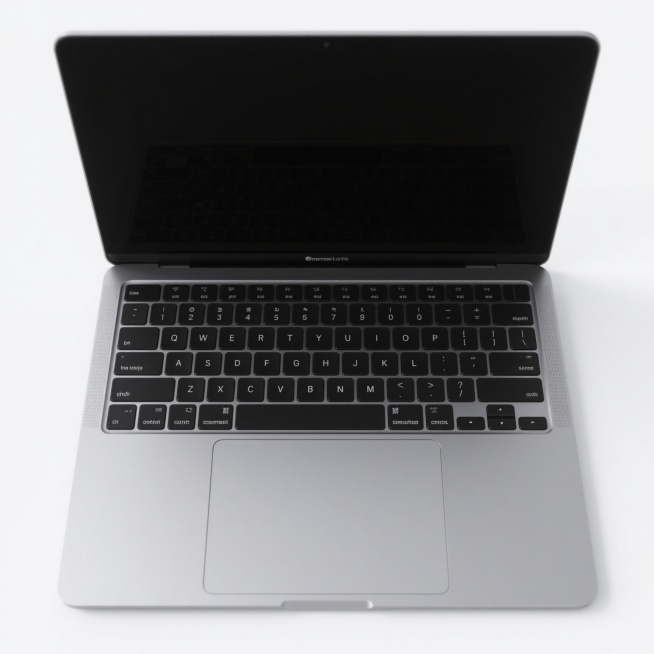 极简风格笔记本电脑正面视图，金属质感机身，黑色边框屏幕，银色底座，黑色巧克力键盘，触控板居中，简洁线条设计，白色背景，高清晰度，写实主义，电子产品渲染图，无任何logo和文字信息。预览效果