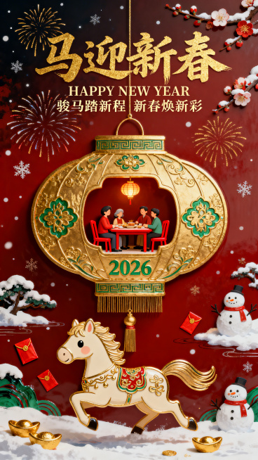 微缩艺术，马年新春海报，喜庆，融合传统新春元素与萌系Q版设计。前景为Q版奔跑姿态马形吉祥物，搭配红包、金元宝装饰；中心主体是巨大金色福字样式花灯造型（作为场景容器），中式纹样，福字内部嵌入微缩家庭聚餐预览效果