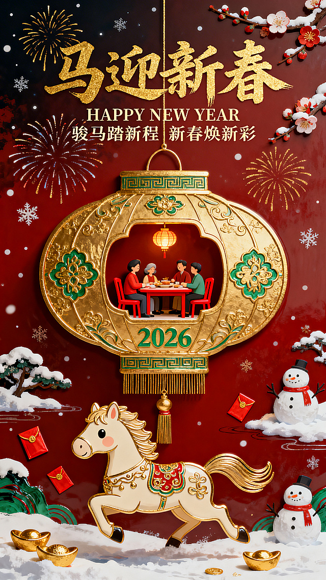 国潮风融合微缩艺术，鎏金浮雕灯笼内藏团圆饭景，卡通骏马踏雪迎春，重拟物元素点缀喜庆中式新春氛围。