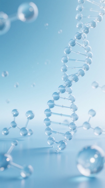 3D渲染风格的科技背景图，以纯净的浅蓝色和白色为主色调，柔和的漫射光源从画面上方照射下来，形成细腻的高光和朦胧的阴影，营造出清新、专业且略带神秘感的氛围。画面中央及右侧是一个由半透明、光滑球体串联而成的DNA双螺旋结构，球体呈现出玻璃般的质感，内部有淡淡的光晕和细微的纹理。前景中分布着多个大小不一、同样具有透明玻璃质感的分子结构，较大的分子球体中心有明亮的光点，周围环绕着较小的球体，通过细长的……预览效果