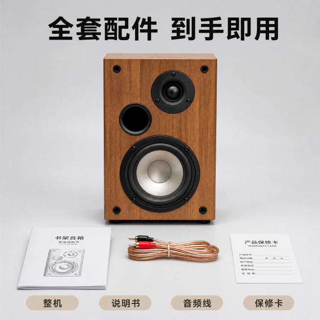 [主图-5] 全家福配件清单展示。保持产品与原图一致，干净简约风格。商业摄影，清晰通透。音箱主体放在C位，说明书配件摆放在周围，产品占比70%左右，满屏无边框。均匀柔和布光，浅灰色背景。顶部大字「全套预览效果