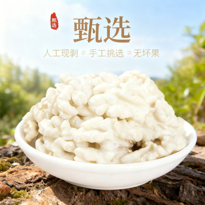 去掉标题里的“核桃仁”三个字，将所有核桃仁的颜色修改为奶白色，保持其余所有内容、文字排版、背景和整体构图都不变，只修改这两处预览效果
