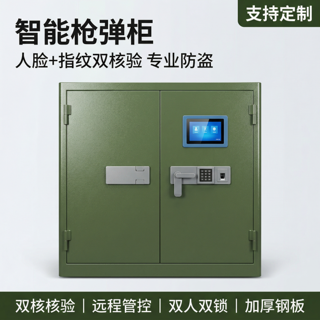 [主图主题] 智能枪弹柜产品首图
[氛围/风格] 专业稳重工业风格，军绿色调，安防科技感
[画面元素] 智能双开门绿色枪弹柜居中完整展示，柜门关闭带触控屏，放置在简洁浅灰色背景中，光线均匀硬朗，突出金预览效果