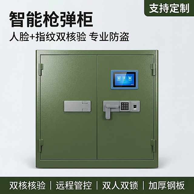 [主图主题] 智能枪弹柜产品首图
[氛围/风格] 专业稳重工业风格，军绿色调，安防科技感
[画面元素] 智能双开门绿色枪弹柜居中完整展示，柜门关闭带触控屏，放置在简洁浅灰色背景中，光线均匀硬朗，突出金属柜体厚重质感，产品主体占画面60%，背景干净整洁。
[配色色系] 主色调：军绿色（柜体）；辅助色：浅灰（背景）、银灰（金属锁具）、蓝色（触控屏）
[视角构图] 正面平视拍摄，景深适中，主体清晰突出
[文字版式] 左上角标题“智能枪弹柜”，副标题“人脸+指纹双核验 专业防盗”，右上角深绿底白字标签“支持定制”，底部横向排列四个核心卖点“双核核验 | 远程管控 | 双人双锁 | 加厚钢板”，字体为无衬线体，白色文字悬浮于背景，不遮挡主体，层级分明。
[比例分辨率] 2k分辨率