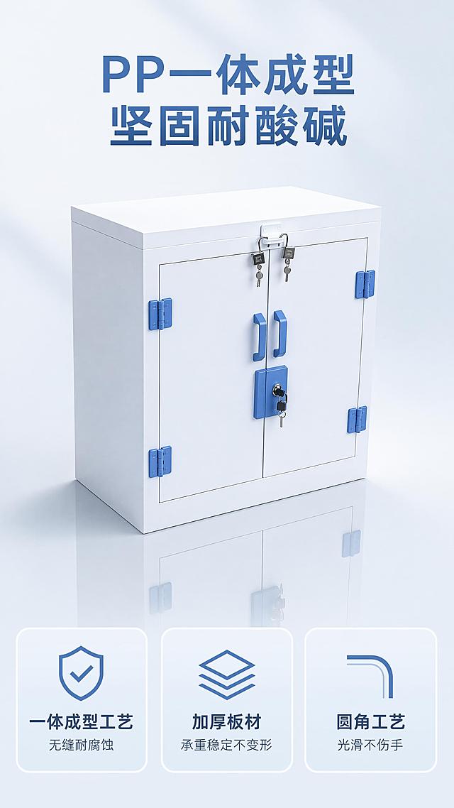 [第6屏] 材质品质展示-整体柜体PP材质工艺展示。本屏使用【图5】展示完整柜体外观。
[氛围/风格] 干净简约的产品展示，突出材质质感与工艺，专业商业摄影。
[元素布局] 完整的立式双门废液柜放置在画面中心偏上，占比约70%；展示整体方正造型、蓝色五金配件与一体成型柜体；底部区域分三个卡片展示材质特性；产品轮廓、颜色、结构与原图保持完全一致。
[光影质感] 45°柔和侧光，柜体底部产生自然倒影，表面均匀干净，体现一体成型工艺的平整质感。
[配色色系] 全局底色 #ECF4F9，主色纯净白色柜体，点缀医疗蓝色五金件，卡片用浅蓝底色。
[视角构图] 45°斜侧全景视角，完整展示产品整体造型，主体突出。
[文字版式] 顶部主标题「PP一体成型 坚固耐酸碱」；底部三个特性卡片：1.「一体成型工艺 无缝耐腐蚀」2.「加厚板材 承重稳定不变形」3.「圆角工艺 光滑不伤手」；卡片排列整齐，文字清晰不遮挡柜体。
[比例分辨率] 9:16 竖版比例，4K分辨率，文字清晰可辨，高清画质。
[负向提示词] 柜体变形，比例失调，缺件错件，颜色偏差，水印