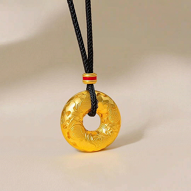 产品细节特写图，项链完整居中自然垂坠摆放，链条舒展平整无打结、无扭曲，吊坠完整居中，全程无遮挡、无变形。背景选用浅米色渐变柔光丝绸布景，弱化纹理纹路，不使用高对比度大理石纹理。采用摄影棚45°柔和侧光，微距镜头精准对焦，凸显金属本身细腻肌理，反光内敛克制，杜绝高光溢出、画面过度顺滑，视觉贴近日常手机实拍原图，风格低调轻奢，摒弃浮夸精致的AI滤镜效果。整体为真实金黄色铜合金哑光金属质感，金属反光柔和温润，杜绝刺眼镜面高光，不掉色、无斑驳、无杂色。拒绝3D渲染、AI虚拟人偶、塑料廉价质感，严禁重度精修过度美化，完整还原单反相机实景实拍原生质感，画面保留真实拍摄细微肌理，最大程度降低AI生成痕迹。严格保留项链原始造型、整体轮廓、链条比例、链节细节、吊坠形态、扣头结构、链条粗细、边缘弧度，吊坠花纹、整体尺寸1:1完整复刻原图，严禁AI篡改吊坠造型、扭曲链条结构，禁止变形、禁止改款、禁止替换为其他饰品。参考图相似度90%，创意程度低，风格为实物相机实拍、轻奢写实。负面词：项链变形、款式改动、吊坠篡改变形、链条扭曲打结、比例失调、银色、发黑哑光、掉色斑驳、画面模糊、水印、宣传文字、背景杂乱、发丝大面积遮挡项链、衣领遮挡、手部遮挡、强光过曝、镜面反光刺眼、混入戒指、手镯、手链、耳饰等其他饰品、纯白背景、产品残缺、构图失衡、AI虚拟渲染、3D建模、重度精修、塑料质感、虚假反光、卡通画风、人像美颜过度、皮肤假滑无肌理、人偶僵硬、画面空洞单调、背景留白过多层次匮乏