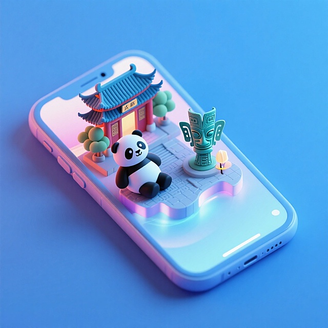 未来感与科技感交织的3D微缩艺术，软3D风格呈现卡通熊猫与古风建筑，梦幻光影营造虚拟现实氛围，粘土质感增添可爱体积感。
