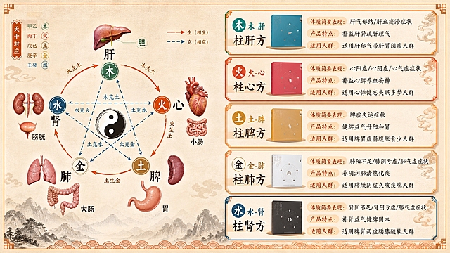 在参考图基础上优化排版和配色，主体色为橙色，融合中医传统配色（赭石、朱砂红、青黛蓝、土黄、墨色）。整体新中式国风风格，横版16:9构图。

左侧区域：保留五行五脏生克图（木火土金水对应肝心脾肺肾），中央太极阴阳图，外围五行圆环标注生克关系。五脏配写实器官插画（肝、心、脾、胃、肺、肾、膀胱、胆、小肠、大肠），天干标注（甲乙木、丙丁火、戊己土、庚辛金、壬癸水）。五行圆环用橙色为主色调，木-青、火-橙红、土-赭黄、金-米白、水-黛蓝，形成中医五色体系。

右侧区域：五个调理方案卡片竖向排列（柱肝方、柱心方、柱脾方、柱肺方、柱肾方），每张卡片左侧为产品图占位（圆形/方形小图），右侧为文字说明，包含「体质简要表现」「产品特点」「适用人群」三个小标题及对应内容。卡片采用橙色系渐变边框，中医宣纸纹理背景，症状与方案左右对应清晰。

整体配色：主色橙色（#E8743B），辅助色朱砂红、赭石黄、青黛蓝、墨色，背景为浅米色宣纸纹理，点缀祥云、回纹、水纹等中式传统装饰纹样。排版精美，信息层级分明，症状与治疗方案一一对应清晰易读。

画面中必须完整呈现以下文字信息：
- 木-肝 柱肝方：肝气郁结/肝血瘀滞症状，补益肝肾疏肝理气，适用肝郁气滞肝胃阴虚人群
- 火-心 柱心方：心阳虚/心阴虚/心气虚症状，补益心脾养血安神，适用心悸健忘失眠多梦人群
- 土-脾 柱脾方：脾虚失运症状，健脾益气升阳和胃，适用脾胃虚弱腹胀食少人群
- 金-肺 柱肺方：肺阳不足/肺阴亏虚/肺气虚症状，养阴润肺清热化痰，适用肺燥阴虚久咳痰喘人群
- 水-肾 柱肾方：肾阳不足/肾阴亏虚/肺气虚症状，补肾益气健脾固本，适用脾肾两虚腰膝酸软人群

画面中所有信息区域必须填充完整合理的内容，不得出现空白框或占位。排版精美，新中式国风水墨质感，2K超清画质。