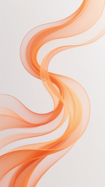 白色背景上，由多层流畅飘逸的半透明渐变橙色波浪线条构成的抽象装饰图案，线条具有光滑细腻的3D质感，带有明亮的高光和柔和的阴影过渡，整体呈现出优雅的动感和现代简约的设计风格，波浪形态较原图更加富有曲线变化和层次感。预览效果