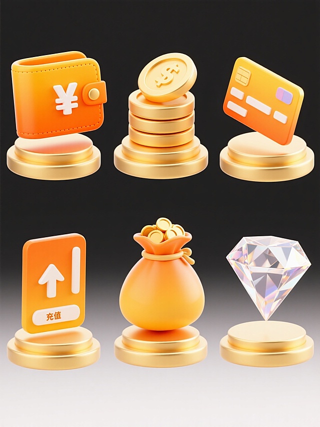 六个规整排布的充值类元素集合，采用相同的3D立体风格，明亮的橙黄色渐变主色调，柔和的高光与阴影表现，光滑的塑料质感，每个元素均放置在双层金色圆形底座上，元素内容分别为：1. 带有¥符号的橙色钱包，2. 堆叠的金色硬币，3. 橙色银行卡，4. 带有箭头向上的充值按钮，5. 装满金币的钱袋，6. 闪光的钻石，所有元素悬浮于白色纯色背景上，整体视觉层级清晰，保持统一的设计感和信息传达效率。