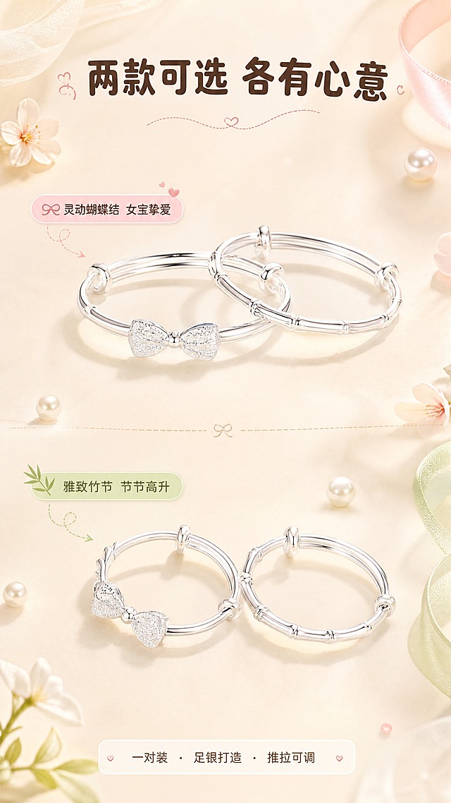 [商品] 使用【图7、图9】2款宝宝银手镯（左蝴蝶结款、右竹节款）各一对；保留各自结构特征：蝴蝶结款=磨砂喷砂蝴蝶结+光面镯身，竹节款=竹节纹理+光面镯身，均为推拉可调节；两款并列展示，比例一致，不改变任何一款的形态与材质。
[画面] 第3张·款式总览，目标：双款全家福展示，清晰区分款式，满足不同审美选择。构图：上下分栏或左右对称，两款各占画面40%，上方蝴蝶结款配柔粉标签，下方竹节款配浅绿标签；中间有柔和分割线，底部留白放款式名称；背景为统一奶油米色渐变，周围点缀小花朵、珍珠、丝带等柔化元素；阅读动线从上到下依次浏览两款。
[视觉] 套系策略：风格=奶油风温馨治愈母婴珠宝商业摄影；标题字=圆润粗黑体；正文字=圆角无衬线体；主色=奶杏米白；背景延展=基于奶杏米白做深浅层级、同色渐变、柔焦光斑与纱质肌理；强调色=柔粉金，仅用于小面积图标、引线、标签点缀；标题色=暖棕咖；正文色=浅棕灰；组件=圆角奶白底信息卡、细曲线引线、圆点装饰；光影=左前侧暖柔光，柔和漫反射，阴影轻透。
[文字] 顶部主标题"两款可选 各有心意"，蝴蝶结款旁标注"灵动蝴蝶结 女宝挚爱"，竹节款旁标注"雅致竹节 节节高升"，底部小字"一对装 · 足银打造 · 推拉可调"；文字不遮挡镯身主体细节。
[规格] 图片比例9:16竖版，4K，负向：变形、错字、文字过小、款式混淆、材质失真、颜色改变、冷色调、绝对化用词。
