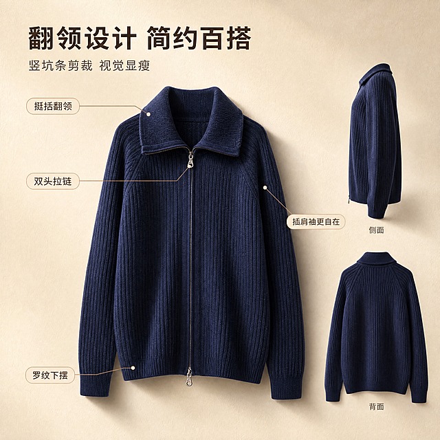 [商品] 使用【图23】藏青色翻领拉链竖坑条针织开衫进行图生图；保留翻领造型、双头金属拉链、竖向坑条针织纹理、罗纹袖口与下摆、插肩袖线与藏青色；商品处理：把平面白底商品图转为真实摄影质感的立体展示，体现针织曲面、领口厚度与自然垂坠，自然去皱，增强坑条立体感与金属拉链高光，不改变版型、颜色与结构。
[画面] 详情页第2张，版型结构解析页：中央大图为藏青开衫立体支撑展示，占画面60%左右，衣身正对镜头；右上与右下方各一张小图，分别为侧面与背面角度展示，清晰呈现插肩袖斜向缝线与背面坑条走向；用细线引线从翻领、双头拉链、插肩袖、罗纹下摆引出四个圆角小标签；背景为暖米杏肌理纸面加柔和投影，形成主体、文字、引线三层信息层级。
[视觉] 套系策略：风格=淘宝女装高端羊绒商业摄影，简约大气、松弛高级；标题字=现代无衬线粗体；正文字=清晰无衬线常规体；主色=暖米杏；背景延展=暖米杏深浅渐变加细腻羊绒/纸张肌理；强调色=焦糖棕，仅用于小面积图标、引线和标签；标题色=深暖棕；正文色=暖灰褐；组件=圆角浅底信息卡、细线引线、轻标签；光影=右前侧暖柔光。
[文字] 左上留白横排主标题「翻领设计 简约百搭」，副标题「竖坑条剪裁 视觉显瘦」；四个引线标签横排写「挺括翻领」「双头拉链」「插肩袖更自在」「罗纹下摆」；侧背小图旁小字标注「侧面」「背面」；所有文字横排，不遮挡商品。
[规格] 1:1 正方形，4K；负向提示：竖排或旋转文字、错字、文字过小、表格错乱、变形、颜色改变、冷蓝/蓝灰背景、平台Logo、水印、二维码。