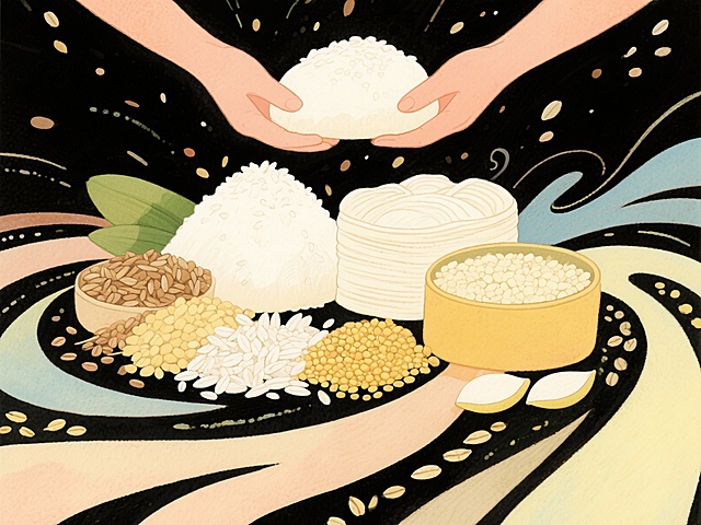 【饮食搭配】主食粗细要搭配，肠胃通畅精神好

在白米白面中适当加入糙米、燕麦、小米等粗粮，粗细搭配，既能增加膳食纤维摄入，帮助肠胃蠕动，又能稳定血糖，提供更持久的能量。
根据以上内容，出一个插画，图片上不需要文字
