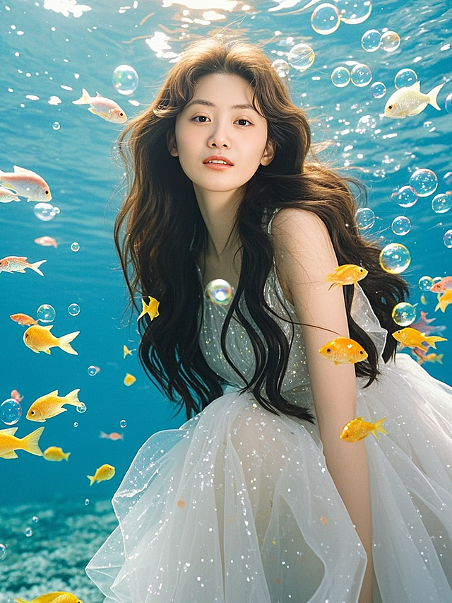 梦幻水下场景，清新唯美的动漫风少女，虚拟现实与水彩风结合，营造浪漫氛围。