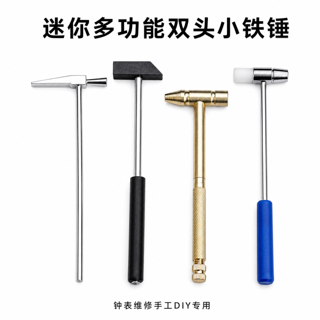 [主图-1] 纯白背景正面展示迷你多功能双头小铁锤。
[氛围风格] 专业五金工具展示，简洁干净；
[画质] 商业棚拍摄影质感，高清8K，产品清晰真实，画面干净高级；
[元素] 四款迷你小铁锤（羊角、方预览效果
