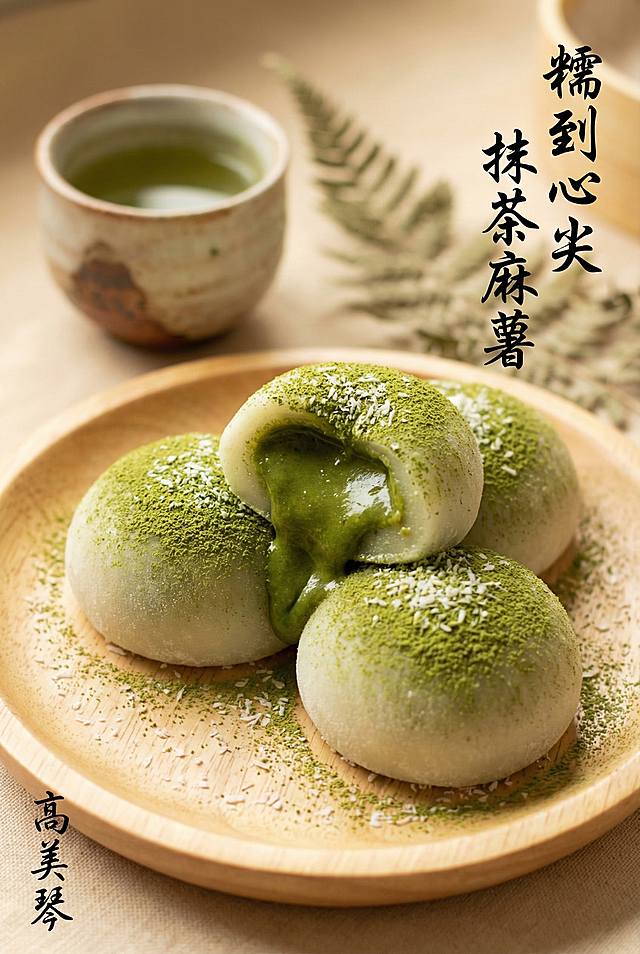 高清实拍，主体是 3 颗圆滚滚的抹茶麻薯，掰开的一颗流出浓郁抹茶流心，表面撒细腻抹茶粉 + 少量椰蓉，背景是浅原木色餐盘，搭配日式陶瓷小茶杯（盛抹茶），暖柔光拍摄，浅景深突出麻薯；右侧竖排书法字体写 “糯到心尖 抹茶麻薯”，左下角用手写体加我的名字 “高美琴”；整体色调以抹茶绿 + 米白 + 浅棕为主，美食摄影风格，8K 分辨率，视觉冲击力强，治愈系氛围」以开屏海报形式生成