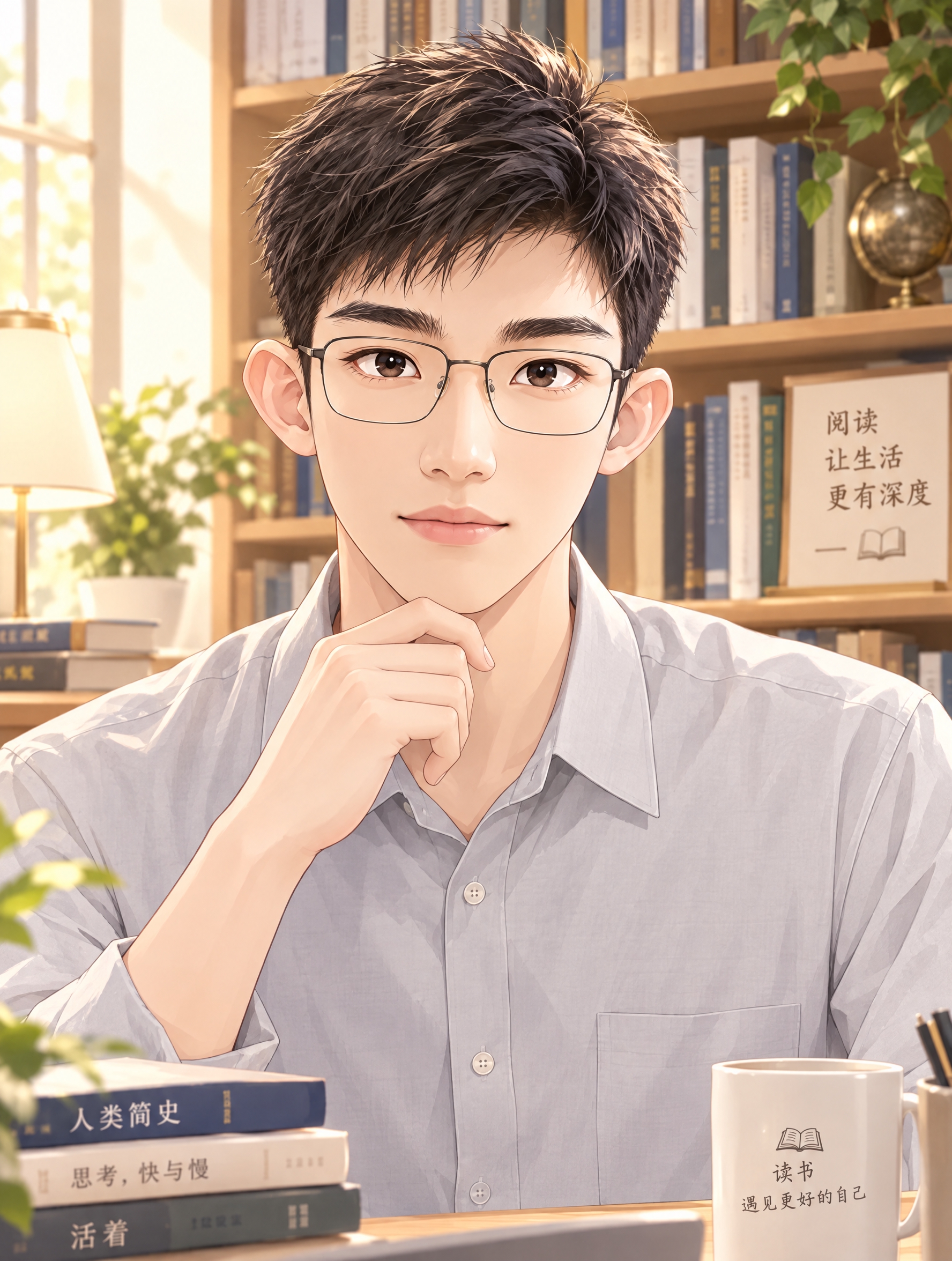 基于参考图的动漫男性数字人形象，优化为适合知识读书博主的风格：… - 图片创意预览