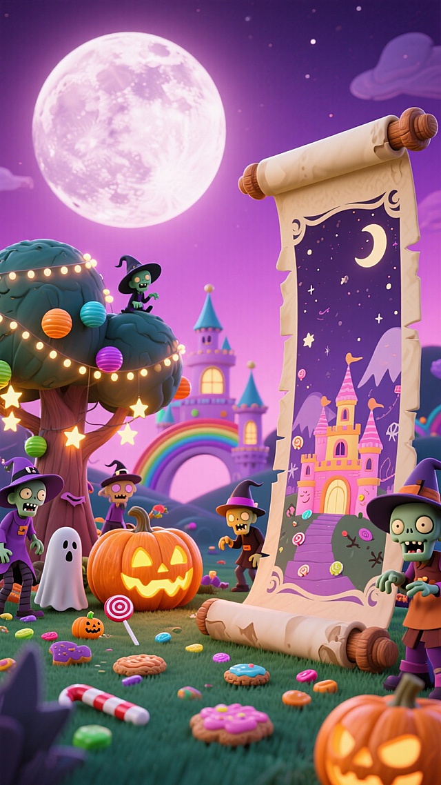 一幅 3D 卡通风格的万圣节童话奇幻场景图，背景为紫粉色渐变的夜空，悬挂着纹理清晰的满月，点缀星星、月牙装饰；画面左侧有展开的复古卷轴（带木质轴头，纸张呈暖米色，有夜空图案），卷轴内及周围布满奇幻元素：周围环绕僵尸、女巫、幽灵、南瓜人等元素，鬼怪群像；远处是糖果色城堡，城堡旁立着彩虹桥，旁边有巨型发光南瓜灯，以及挂满星星灯饰、彩球的大树；地面与场景中散落着棒棒糖、彩色糖果、饼干等；整体色彩柔和梦幻，以紫色、粉色、橙色为主色调，风格如童话绘本般温馨欢快，营造出充满童趣的万圣节奇幻氛围。