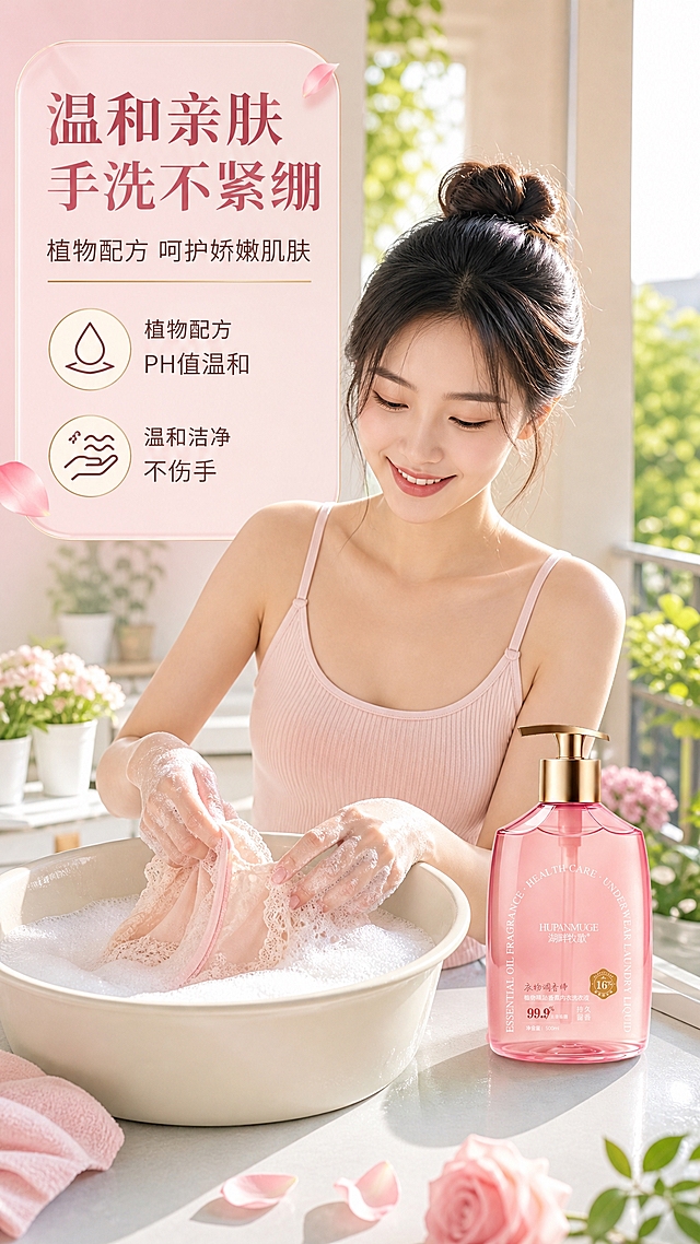 [商品] 使用【图1】湖畔牧歌植物精油香氛内衣洗衣液，粉色透明扁瓶身配金色泵头；保留瓶身所有原有文字与结构比例；产品放在洗衣台右侧，占画面约20%。
[画面] 第5张·人物使用·真人操作型；目标是展示女性居家手洗内衣场景，体现温和亲肤；亚洲年轻女性半身出镜，在明亮的阳台洗衣区轻柔搓洗内衣，表情轻松愉悦；前景是洗衣盆与泡沫，中景人物手部动作清晰，后景阳台绿植与柔和自然光；产品放在洗衣台边自然融入场景。
[视觉] 套系策略：风格=轻奢精致女性向商业摄影；标题字=优雅衬线粗体；正文字=简洁无衬线体；主色=柔粉玫瑰金；背景延展=基于柔粉色做深浅渐变、同色系晕染和细腻丝绸/水光质感；强调色=香槟金，仅用于小面积图标、引线、标签和装饰线条；标题色=深玫瑰金；正文色=暖棕灰；组件=圆角金边信息卡、细金线引线、花瓣装饰元素；光影=自然侧逆光，温暖柔和，人物皮肤通透。
[文字] 左上区域主标题"温和亲肤 手洗不紧绷"，副标题"植物配方 呵护娇嫩肌肤"，下方2个卖点：PH值温和、不伤手；文字放在半透明粉色圆角卡片上，不遮挡人物面部和产品；所有文字横向排版。
[规格] 图片比例9:16竖版，4K分辨率，medium质量；避免变形、错字、文字过小、冷蓝背景、商品文字错乱、低俗擦边、人物面部模糊。