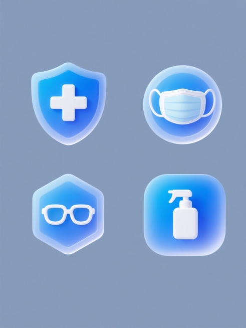 纯色背景，四个等大的蓝色渐变3D图标呈2x2网格规整排布，每个图标都具有光滑半透明质感、白色描边轮廓和柔和的光晕效果，从左到右、从上到下分别是：带有白色十字标志的盾牌、带有白色口罩图案的圆形徽章、带有白色防护眼镜造型的六边形标识、带有白色消毒液喷壶剪影的方形图标，整体风格统一，均为医疗防护类目，视觉层次清晰，信息传达高效。预览效果