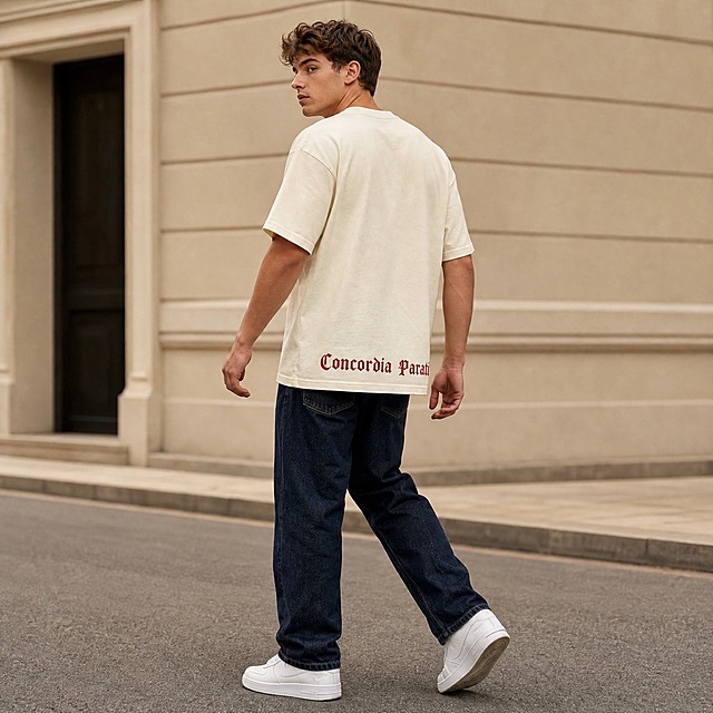 Amazon main image 3, lifestyle fashion photo. Same male model from previous image with short brown hair, wearing the same cream/off-white oversized Colosseum graphic t-shirt, same dark denim jeans and white sneakers. Model in 3/4 side-back view, walking casually in a minimalist outdoor street setting with neutral beige building facade, soft natural afternoon light. Medium shot from knees up, showing the back of the t-shirt with 'Concordia Parati' red gothic text clearly visible. Model looking over shoulder slightly, relaxed natural pose. High-end streetwear fashion photography, warm muted tones. No text overlays, no logos, no watermarks. 1:1 square composition.